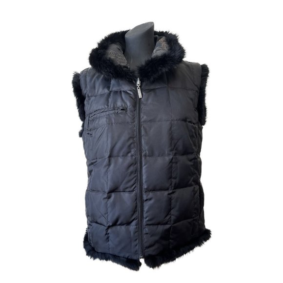 Down Feathers Filled Reversible Quilted Fur Trim Puffer Vest, Size M - Picture 3 of 16